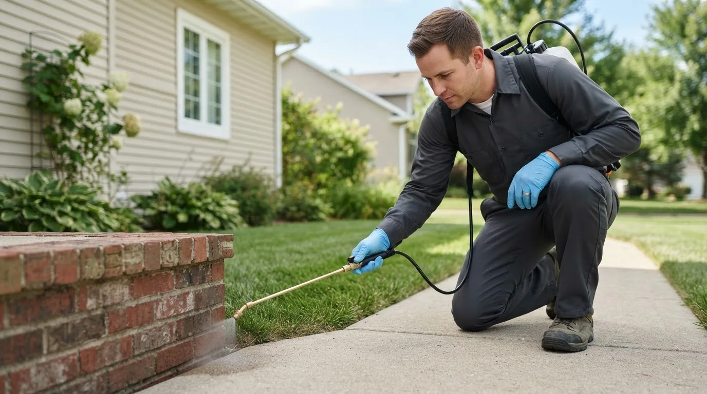 Pest control technician treating a home near Fence, WI